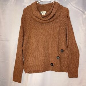 YES LOLA Brown‎ Cowl Neck Chunky Knit Button Accent Sweater Size L